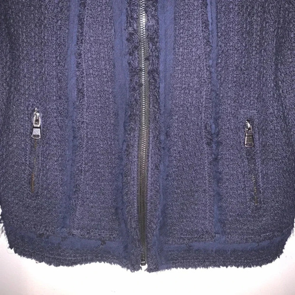 Rebecca Taylor *Navy Blue* Frayed Fringe Tweed Blazer Jacket Leather Accents 4 - Picture 14 of 15